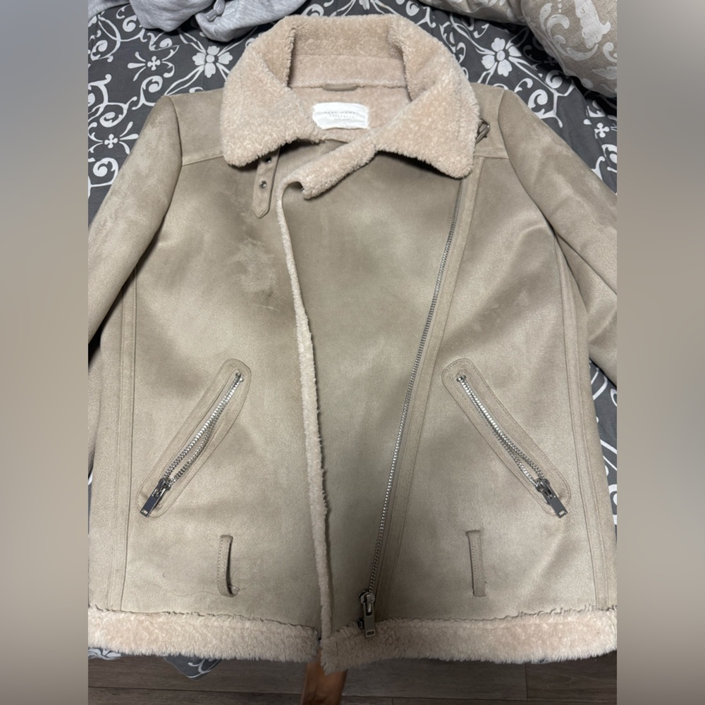 Tan Shearling Jacket with Zipper Details